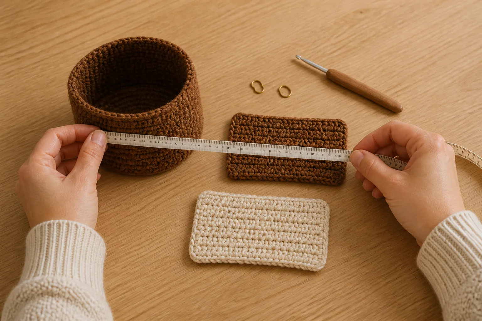 Hands measuring a joined-round brown body tube, a flat brown single-crochet ear sample and a flat cream muzzle sample on a real wooden table