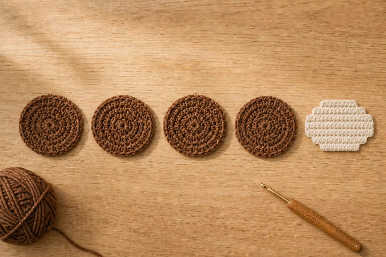 Exactly four chestnut-brown round crochet ear panels and one cream stepped-row muzzle panel laid out separately on a real wooden worktable