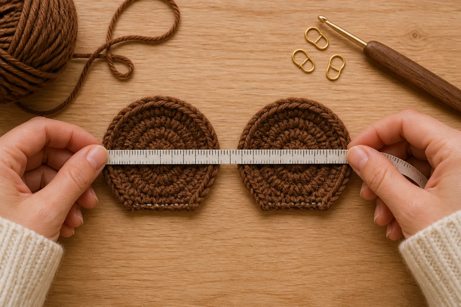 Hands comparing exactly two equal double-layer round brown crochet ears with a tape measure and visible open lower bases