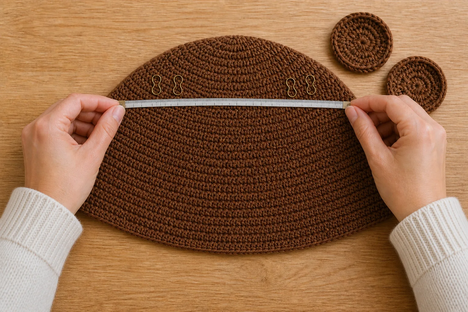 Hands using real brass stitch markers and a tape on a plain chestnut-brown crochet cap while exactly two round ears wait beside it