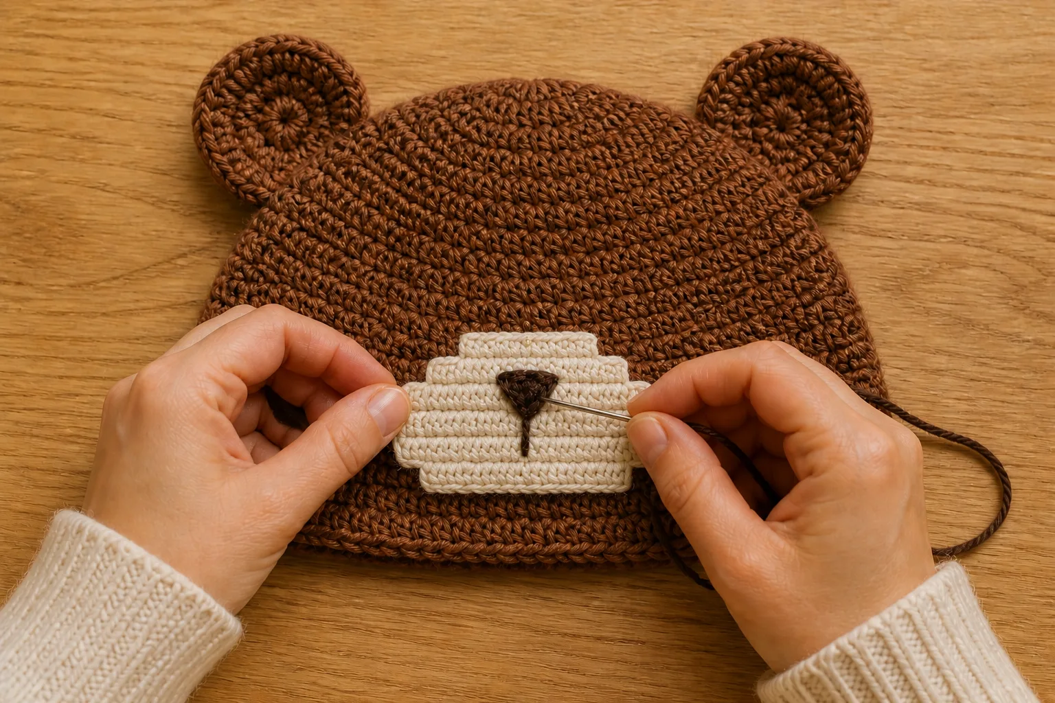 Hands sewing a flat cream horizontal-row muzzle to the center of a chestnut-brown bear hat with exactly two attached round ears